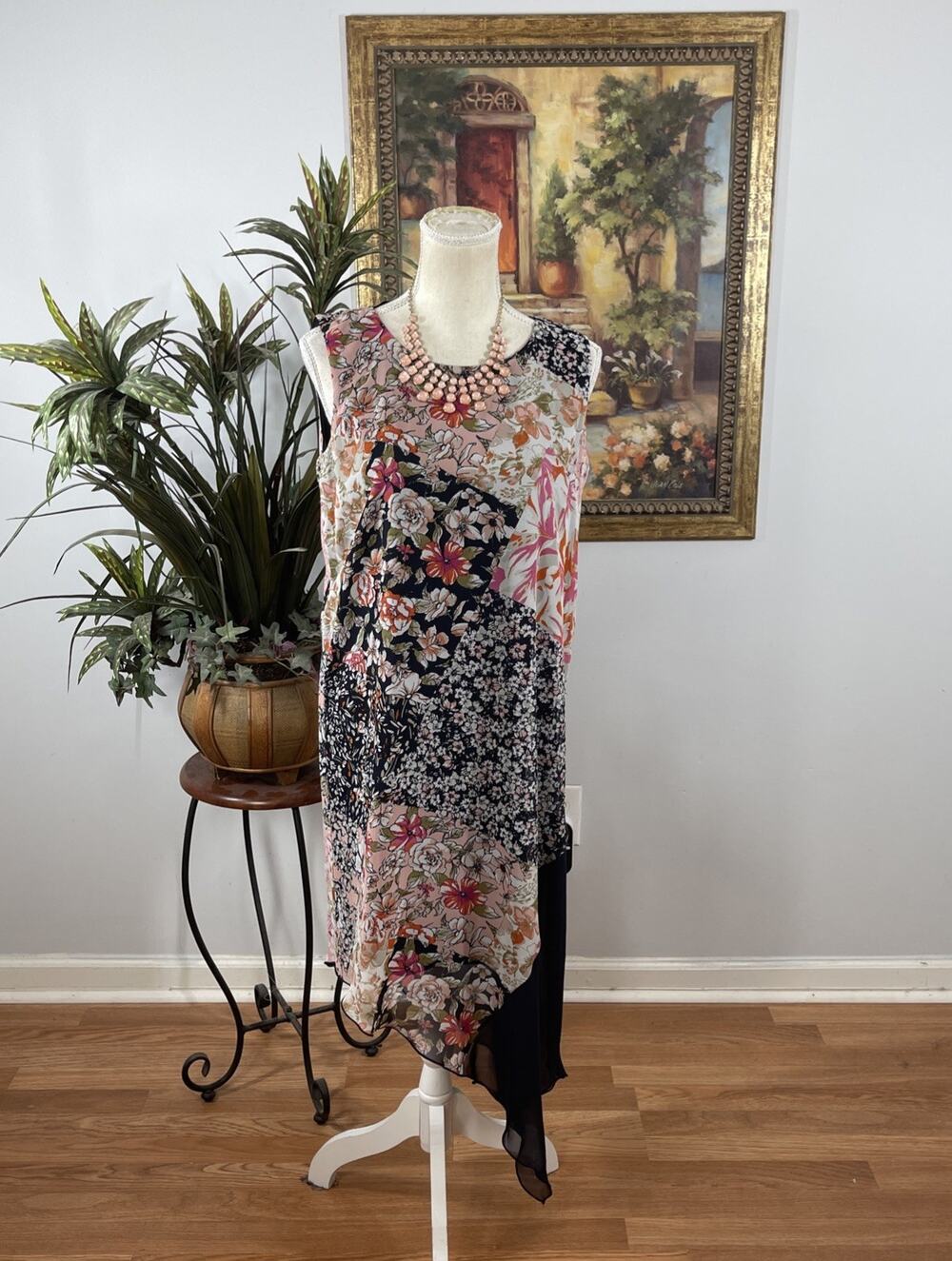 Enfocus Studio Women Size 6 Floral Patchwork Asymmetrical Midi Dress Boho Resort